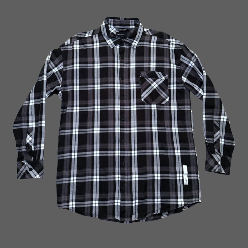 Saint Morta Black Gray Plaid Flannel Shirt Mens XL